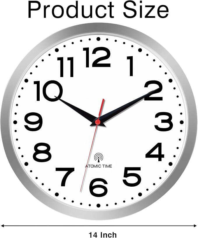 Roymnie Atomic Wall Clock 14 Inch, Modern Clock Battery Operated Classic Analog Decorative for Kitchen, Living Room, Office, Bedroom, Bathroom (Silver)