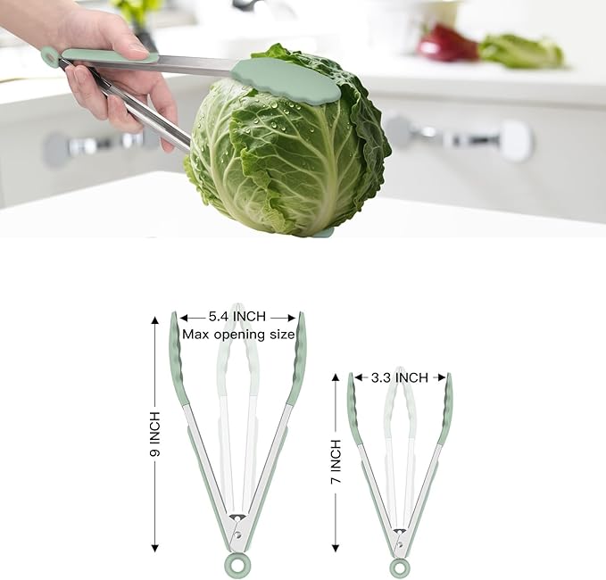 HOTEC Premium 7 & 9 Inch Kitchen Tongs, Stainless Steel Locking Cooking Tongs with Silicone Tips, Non-Scratch & Heat Resistant, Serving Tongs for Salad, BBQ, Light Green, Set of 2