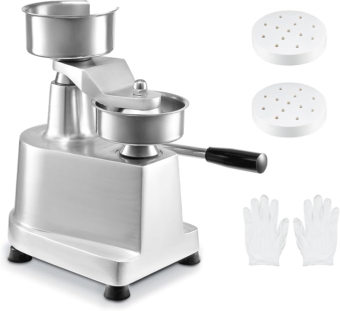 VEVOR Commercial Burger Patty Maker, 130mm/5inch Hamburger Beef Patty Maker, Heavy Duty Food-Grade Stainless Steel Bowl Burger Press Machine, Kitchen Meat Forming Processor with 1000 Pcs Patty Papers