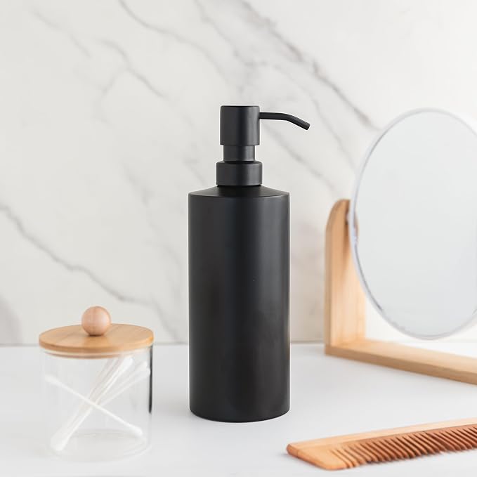 Black Soap Dispenser for Kitchen & Bathroom – 15 oz Refillable Resin Pump Bottle for Dish Soap, Hand Soap, Shampoo, Conditioner – Modern Countertop Dispenser with Non-Slip Protective Pads