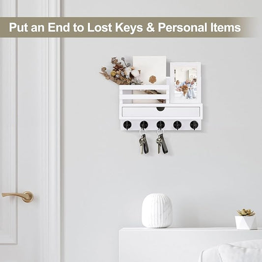 Key Holder Wall Mount, Mail Holder with Storage Drawer and 5 Key Hooks for Coat, Dog Leash, Home Decor Rack, House Accessories, Entry Way Organizer