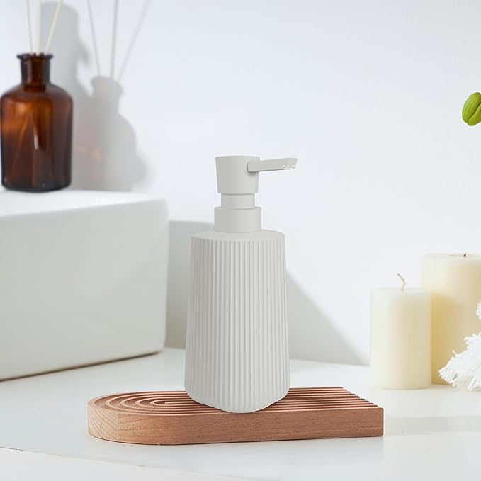 2 Pack Glass Small Soap Dispenser for Bathroom and Kitchen 250ml/8.5oz Dish Soap Dispenser Modern Farmhouse Striped Style Hand Soap Dish Soap Dispenser with Pump (Beige)