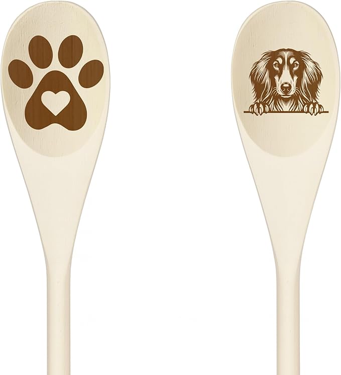 SALUKI Wooden Spoons for Cooking, Serving or Decorative Kitchen Utensils Set Dog Lover Dog Mom/Dad Gift with Peeking Dog Designs, Paw Print and Dog Head, Kitchen Utensils Set of 2
