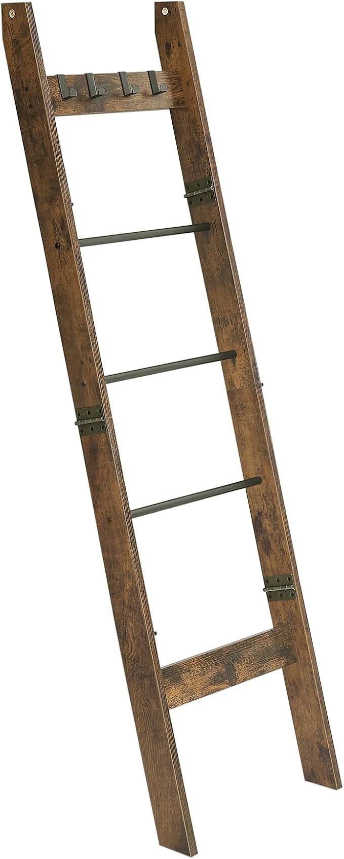 Hzuaneri Blanket Ladder for Living Room, Decorative Quilt Rack with 4 Removable Hooks, 5-Tier Farmhouse Ladder Holder Shelf Organizer for Bedroom, Rustic Brown and Black 02101BBR