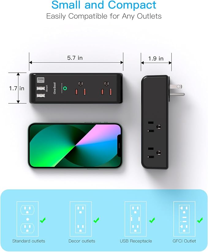 Surge Protector Outlet Extender, Rotating Plug, PD 20W, 6 AC Multi Plug Outlet with 3 USB Ports (2 USB C), 1800 Joules 3-Sided Swivel Power Strip with Spaced Outlet Splitter for Home Office Dorm - BK