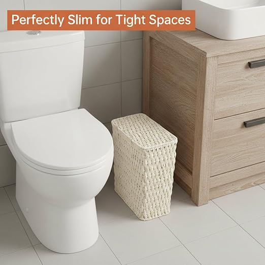 3 Gallon Paper Rope Bathroom Trash Can,Small Wicker Trash Cans with Lid and Liner,Woven Rattan Narrow Waste Basket for Bedroom,Office,White