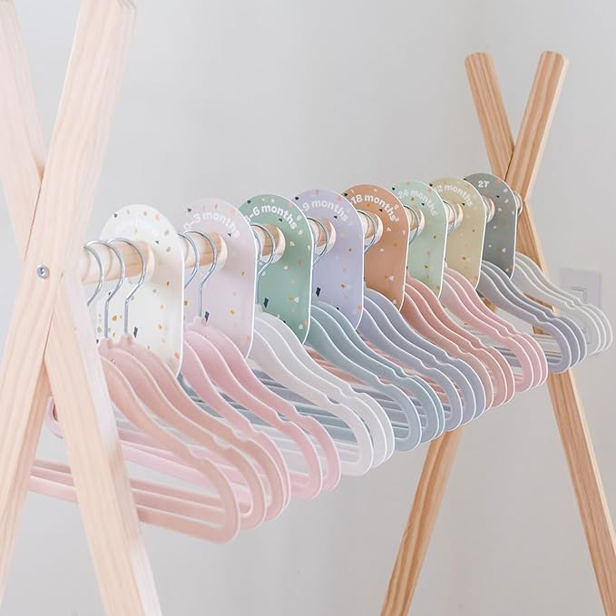 3 Sprouts Velvet Baby Hangers - Non-Slip Hanger for Infant, Toddler, Baby Clothes - Closet Kids Hangers with Slim Design, Nordic Colors, Pack of 30 - Hazelnut