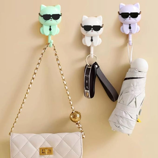 Cat Key Holder for Wall with Sunglasses, No Drill Adhesive Hooks 4 Pack for Keys, Hats, Coats & Towels, Cute Cartoon Cat Wall Decor for Apartment, Kitchen, Office and Bathroom Organization