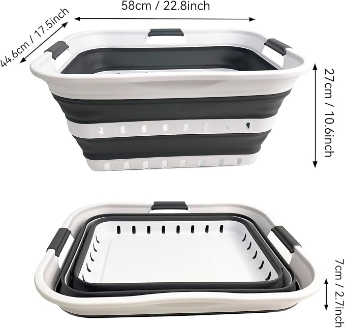 SAMMART 42L (11 gallon) Collapsible Plastic Laundry Basket - Foldable Pop Up Storage Container/Organizer - Space Saving Hamper/Basket (1, White/Steel Gray)