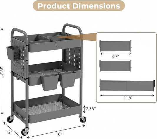 danpinera 3 Tier Rolling Cart with Retractable Dividers, Multi-Functional White Rolling Utility Cart with Pegboards, Hooks & Hanging Cups for Nursery, Living Room, Studio
