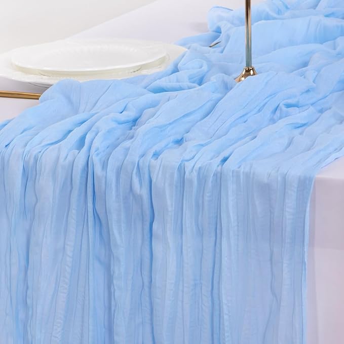 Socomi 3pcs Blue Valentine's Day Cheesecloth Table Runner Boho Rustic Gauze 120 inch 10FT Cheese Cloth Runner for Wedding Party Baby Shower Birthday Home Decor Holiday Decorations