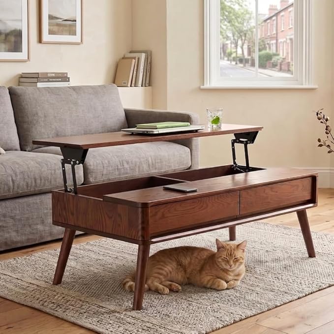 Solid Oak Wood Lift Top Coffee Table for Living Room, Mid Century Modern Tables with Drawers and Large Storage, Coffee Tables for Small Spaces (Oak Walnut Color, 39.37" W x 21.65" D x 25.59" H)