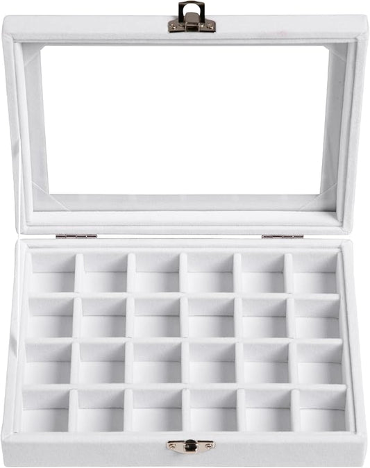 Frebeauty 24 Grid Jewelry Tray,Velvet Stud Earring Organizer,Small Jewelry Organizer with Clear Lid,Lockable Earring Holder Organizer Jewelry Boxes & Organizer Ring Holder for Women & Girls(White)