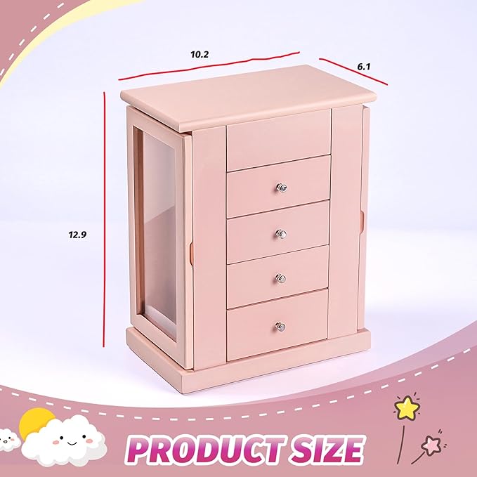 Emfogo Jewelry Box for Girls, Musical Jewelry Box with Spinning Dancer Gifts for Little Girls Christmas New Year Birthday Children's Day, 5 Layer Large Wooden Kids Music Jewelry Organizer Box(Pink)