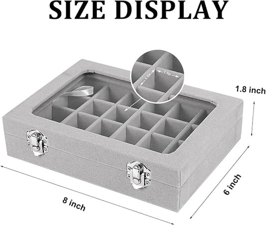 Velvet Jewelry Box 24 Grid Jewelry Earrings Display Organiser Box Ring Tray Holder Earrings Storage Case for Girls Women Wife Mom (Gray)
