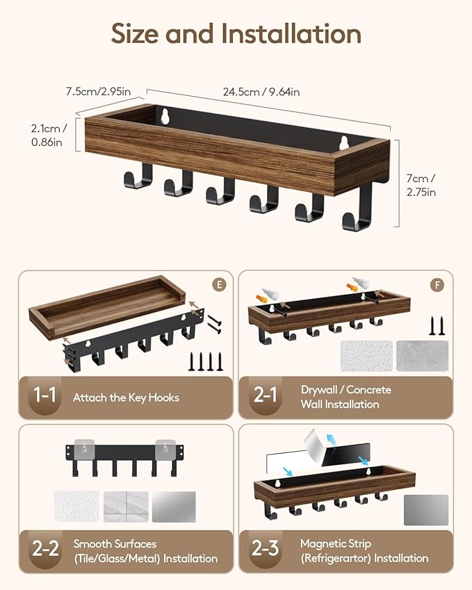 Key Holder Wall Mount Adhesive Magnetic - Hanging Key Hooks with Mail Organizer Tray for Wallet House Accessories - Keys Hanger Rack with Shelf for Camper Entryway Door Home Living Room Decor Rustic