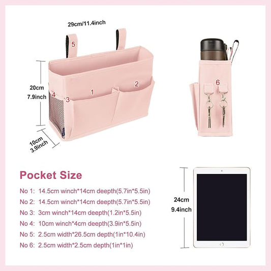 Surblue Bedside Caddy Hanging Bed Organizer Storage Bag Pocket for Bunk and Hospital Beds, College Dorm Rooms Baby Bed Rails, Camp 4 Pockets and 2 Hooks (Small,Light Pink)