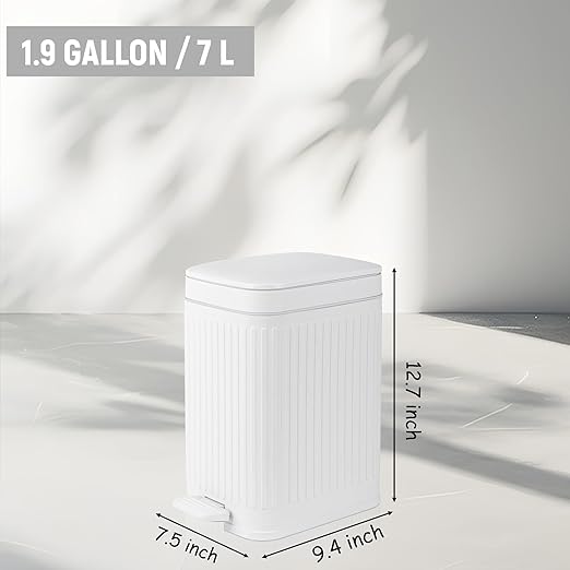 rejomiik Small Bathroom Trash Can with Lid Slim Soft Close Garbage Can Step Wastebasket Container Trash Bin for Office Bedroom Kitchen Living Room (1.9 Gallon White)
