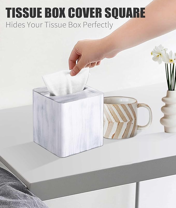 Livelab Tissue Box Cover Square - Oak Wood Tissue Box Holder for Living Room, Dinner Table, Bathroom, Office - Decorative Wooden Cube Facial Tissue Cover for Modern Farmhouse Home Decor | Whitewash