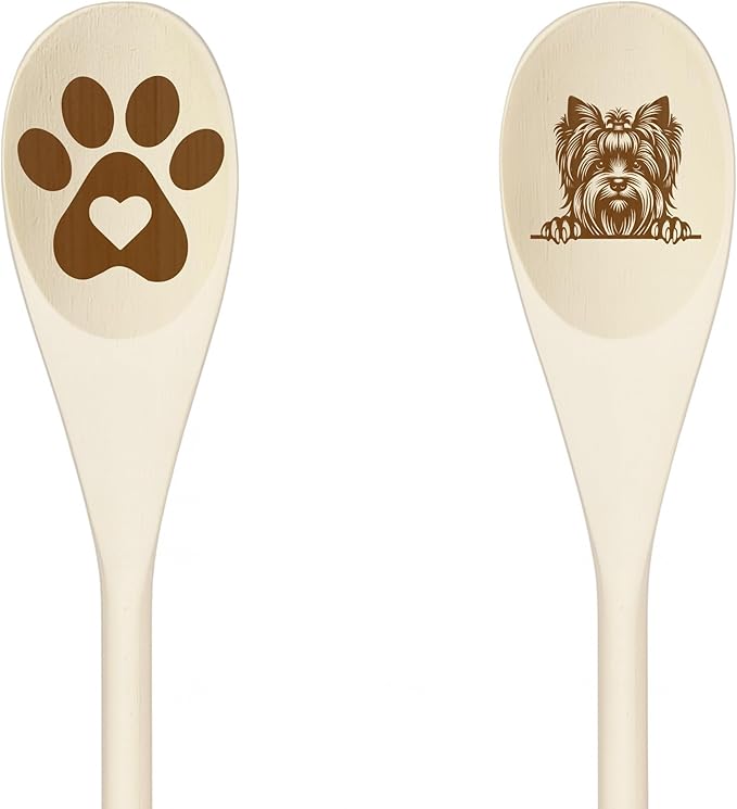 SILKY TERRIER Wooden Spoons for Cooking, Serving or Decorative Kitchen Utensils Set Dog Lover Dog Mom/Dad Gift with Peeking Dog Designs, Paw Print and Dog Head, Kitchen Utensils Set of 2