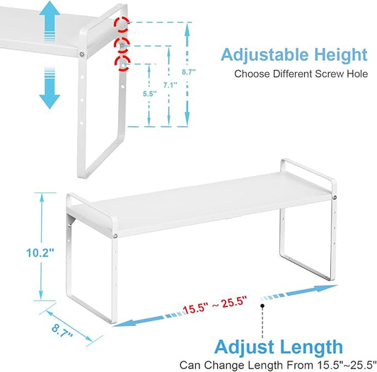 15.5 to 25.5 Inch Kitchen Cabinet Shelf Organizers, Adjustable Kitchen Counter Shelf Organizer, Set of 4 Expandable Countertop Storage Shelves, Stackable Design, 30LBS Heavy Duty, Space Saver