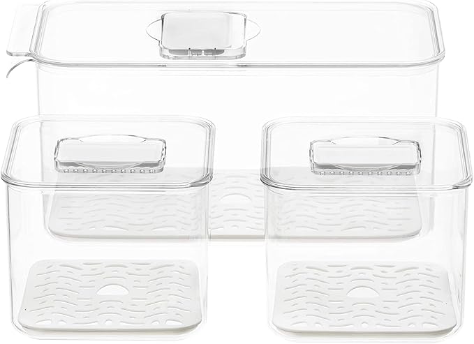 Produce Saver Containers for Refrigerator 3 Pack, Stackable Plastic Fridge Food Fruit Vegetables Storage Bins with Vented Lids, Clear Freezer Fresh Keeper Organizers and Storage Container Set