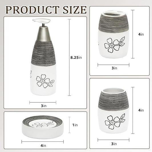 CERBIOR Bathroom Accessories Set,4 Pcs Ceramic Bathroom Decor Accessory,Includes Toothbrush Holder, Toothbrush Cup, Soap Dish for Decorative Countertop and Housewarming Gift, (White Flower)