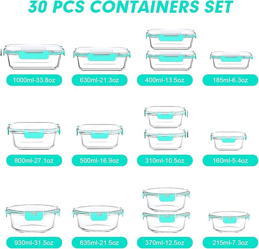 VERONES 30 Pieces Glass Meal Prep Containers Set, Stackable Glass Food Storage Containers with Lids-Airtight Lunch Containers,for Microwave, Oven, Freezer & Dishwasher,Green