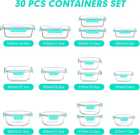 VERONES 30 Pieces Glass Meal Prep Containers Set, Stackable Glass Food Storage Containers with Lids-Airtight Lunch Containers,for Microwave, Oven, Freezer & Dishwasher,Green