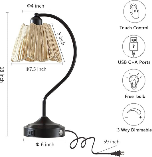 Set of 2 Vintage Small Touch Table Lamps with USB A+C Ports | 3-Way Dimmable Bedside Lamp, Retro Rattan Shade Curved Arm Desk Lamp for Bedroom Living Room Nightstand, Bulb Included