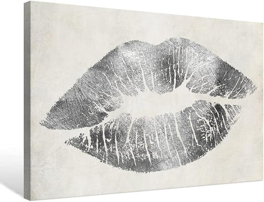 Silver Wall Decor Glam Lip Canvas Wall Art Gray and White Sexy Woman Lip Picture Painting Gallery Wrapped for Bedroom Makeup Room Decoration 16x12Inch