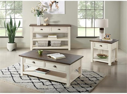 Martin Svensson Home Solid Wood Sofa Console Table, Cream White with Brown Top