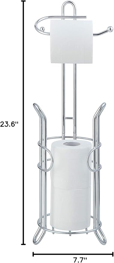 SunnyPoint Freestanding Toilet Paper Holder with Storage – Holds 3 Spare Rolls, Heavy-Duty Steel, Chrome Finish, Easy Assembly, Space-Saving Bathroom Organizer