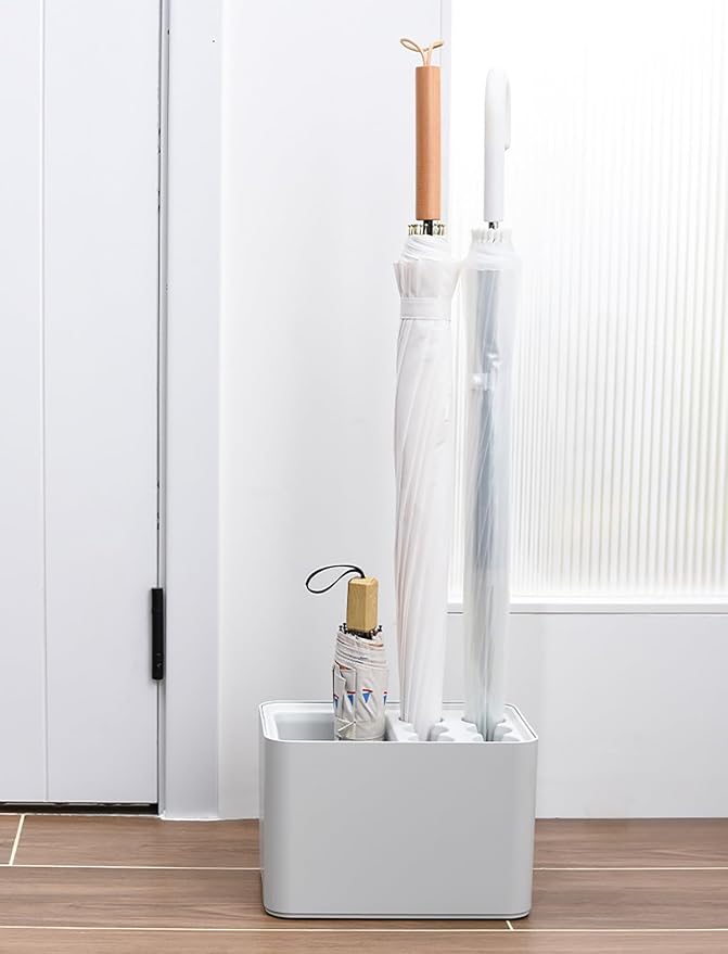 Elsjoy White Umbrella Holder, Entryway Umbrella Stand Small Umbrella Organizer Rack with Removable Drip Tray, Umbrella Storage Container for Long & Folding Umbrella, Parasol, Store 10 Umbrella