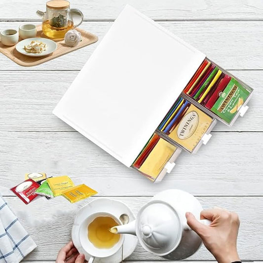 Plastic Tea Bag Organizer with 3 Drawers, Desk Drawer Organizer, Stackable Storage Drawers, White Tea Box, Makeup Organizer, Clear Tea Bag Storage, Coffee Storage for Tea Bags, Sugar Packets, Cosmetic