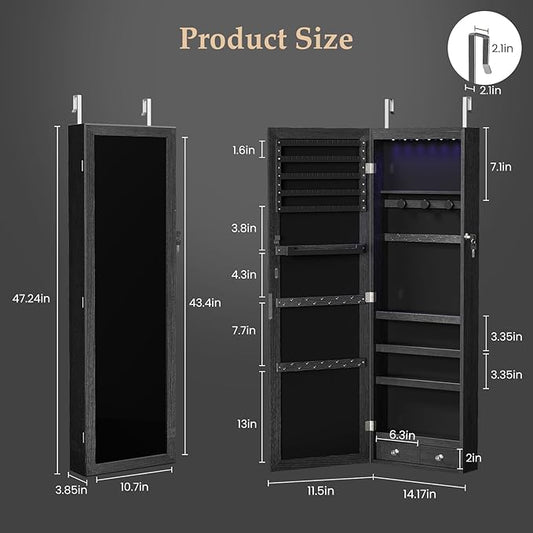DUMOS Jewelry Armoire Cabinet with Full Length Mirror, 47.2" Tall Wall Mounted or Over the Door Jewelry Organizer with 33 Necklace Hooks, Lockable Large Capacity Jewelry Armoire with Drawers, Black