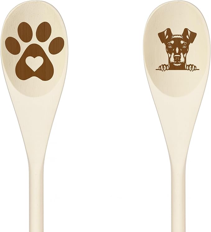 MANCHESTER TERRIER Wooden Spoons for Cooking, Serving or Decorative Kitchen Utensils Set Dog Lover Dog Mom/Dad Gift with Peeking Dog Designs, Paw Print and Dog Head, Kitchen Utensils Set of 2