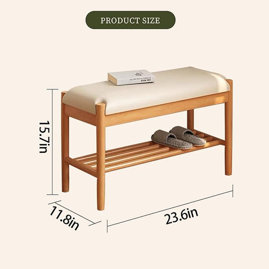 Solid Wood Shoe Bench with Cushion, 2-Tier Shoe Rack for Front Door Entrance, Enterway Benches with Shoe Storage (Natural, 23.6in)