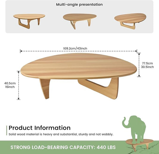 Modern Triangle Coffee Table: Unique Funky Soild Wood Coffee Tables for Living Room, Wooden Oval Mid-Century Modern Abstract Tea Tables for Patio Office Balcony Natural 43" L x 31" W x 16" H