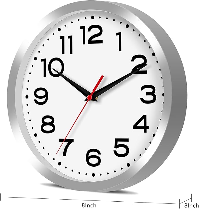 Roymnie Wall Clock Silent Non-Ticking Modern Clock Battery Operated 8 Inch Small Classic Analog Decorative for Kitchen, Bathroom, Office, Bedroom, Home(Silver)