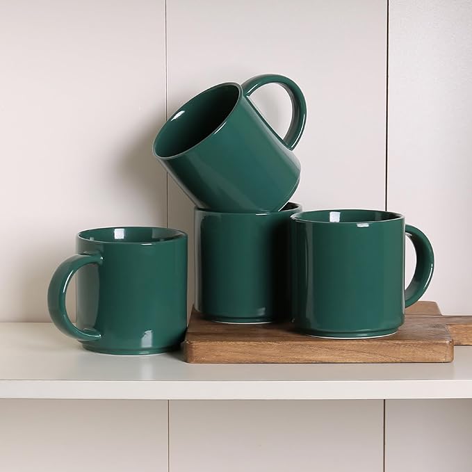 Coffee Mugs Set of 4, Stoneware Coffee Cups with Comfortable Handle, 16oz Ceramic Mugs for Kitchen & Office, Dishwasher & Microwave Safe - Green
