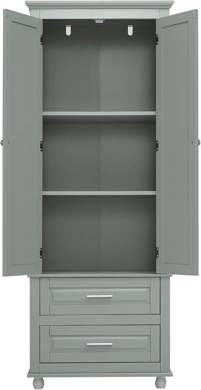 Storage Cabinet, Tall Bathroom Cabinet with Adjustable Shelf | Tall storage cabinet, upper enclosed cabinet and 2 pull-out compartments keep daily essentials organized