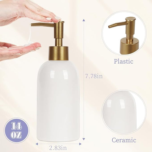 Natheeph 14OZ Ceramic Soap Dispenser Ceramic Soap Pump Dispenser Can Fill Liquid for Bathroom/Kitchen (White)