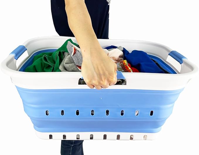 SAMMART 42L (11 gallon) Collapsible Plastic Laundry Basket - Foldable Pop Up Storage Container/Organizer - Space Saving Hamper/Basket (1, White/Little Boy Blue)