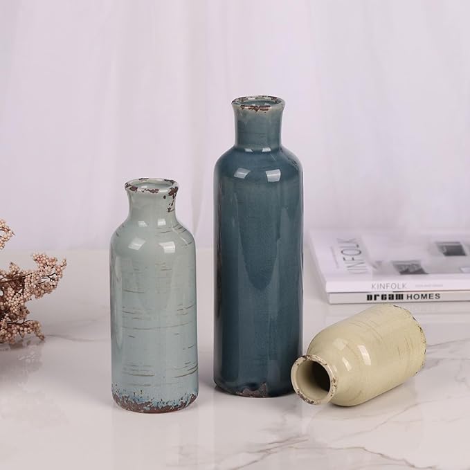 Multicolor Ceramic Vase Set of 3 - Coastal Rustic Farmhouse Decor Flower Vases for Shelf, Dining Room Table, Fireplace Mantel, Living Room, Coffee Table, Tabletop, Kitchen Cabinet, Entryway Decoration