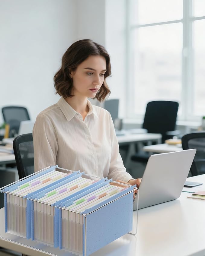 ANSOOK Wheat Straw Legal Size Hanging File Folders,Expandable 1.2" Accordion Pockets File Organizer,3 Pack Filing Cabinet Folders,Large Capacity File Folder with Tabs,Blue Hanging File for Frame Box