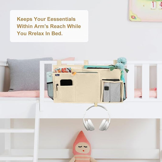 Surblue Bedside Caddy Hanging Organizer Storage Bag Pocket for Bunk, Hospital, College Dorm Rooms, Baby Bed Rails, Camp - 8 Pockets, Large, Beige