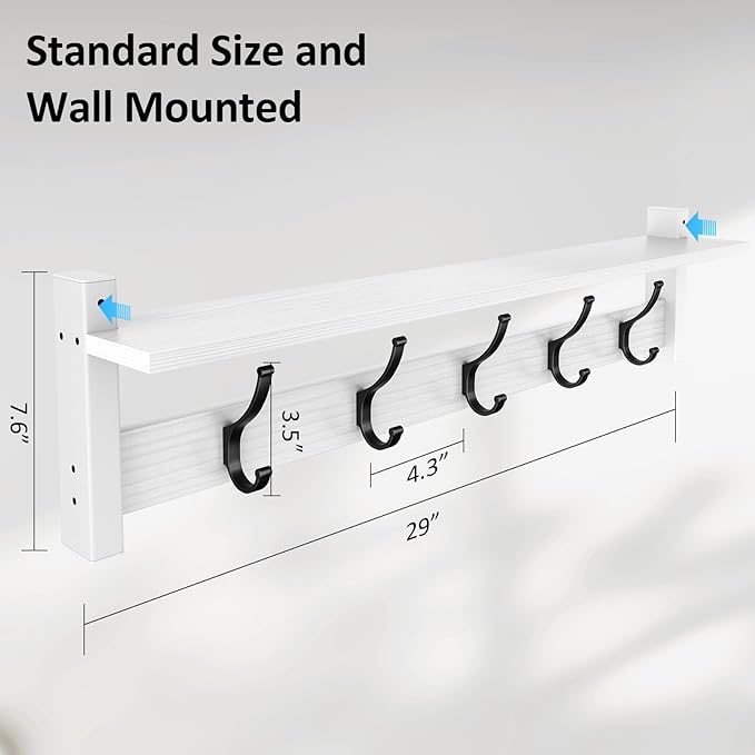 Coat Rack Wall Mount with Shelf, 29 Inch Coat Hanger Walls Mounted, Hat Rack for Walls, Shelf with 5 Coat Hooks, Wall Hanger for Entryway (White)