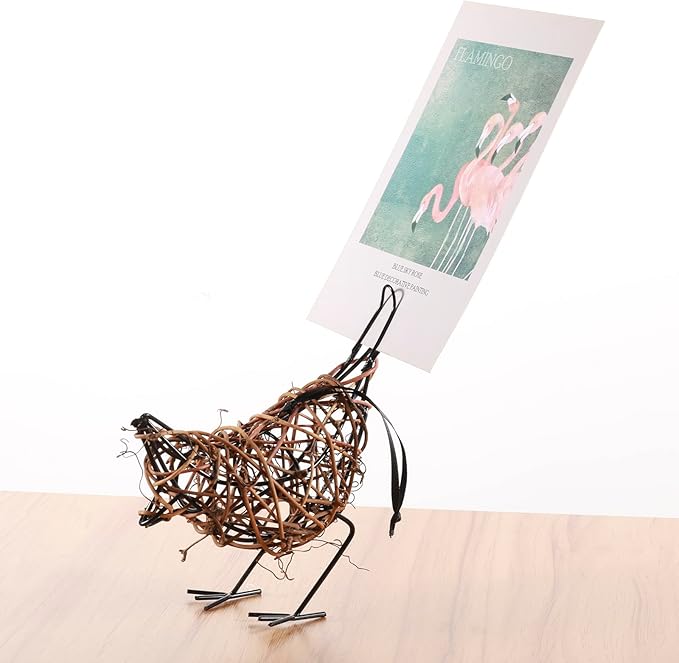 Natural Rattan Bird Sculptures Set of 2 - Christmas Ornament - Handwoven Metal Wire Figurine Table Decor, Rustic Farmhouse Accent with Memo Clip & (6x5.5x2.3in)