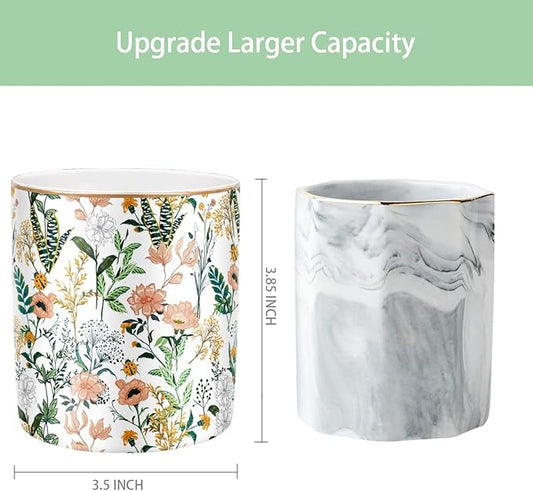WAVEYU Large Capacity Colored Pen Holder for Desk, Ceramic Pencil Holder Pen Cup Marker Holder Makeup Brush Holders, Desk Accessories & Workspace Organizers for Home, Office, White Flower